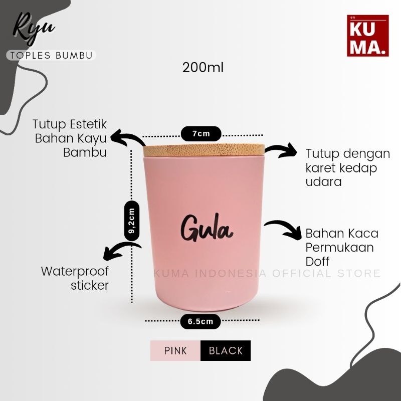 KUMA Kei Toples Bumbu Dapur Kaca 200ml Tutup Kayu Bambu Pink Black Aesthetic Bahan Keramik Kaca Bamboo