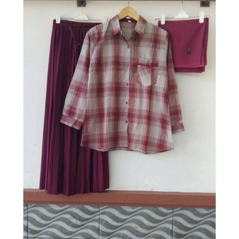 SETELAN KEMEJA KATUN IMPORT+ROK PLISKIT PREMIUM+HIJAB SAUDI RAWIZ