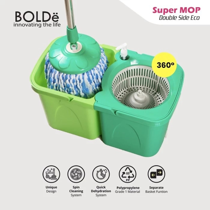 Alat Pel Super Mop BOLDe DOUBLE SIDE + tempat botol Pewangi STAINLES / PLASTIK ECO