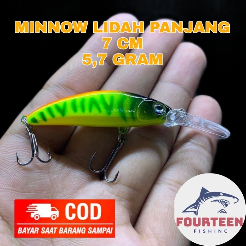 minnow lidah panjang hijau neon 7cm 5,7g cocok untuk casting hampala atau ikan baung