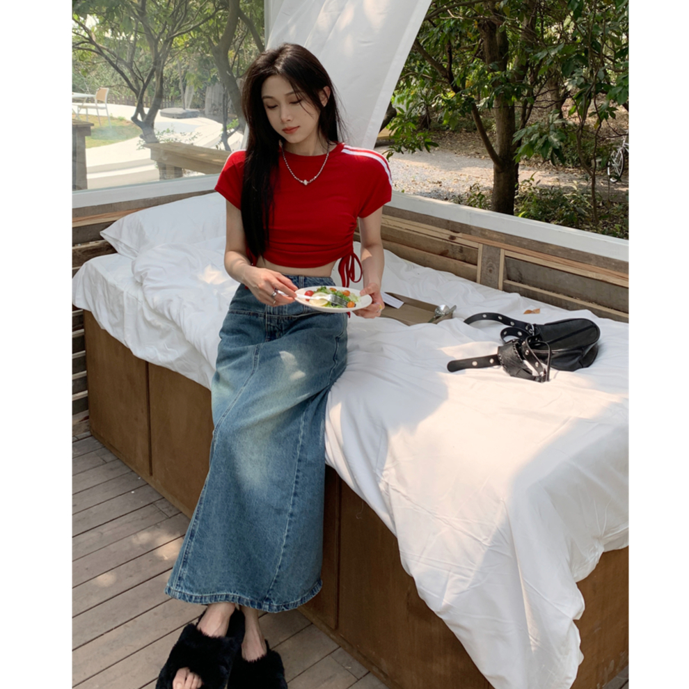 rok denim highwaist vintage washed rok a-line premium korean style rok vintage panjang