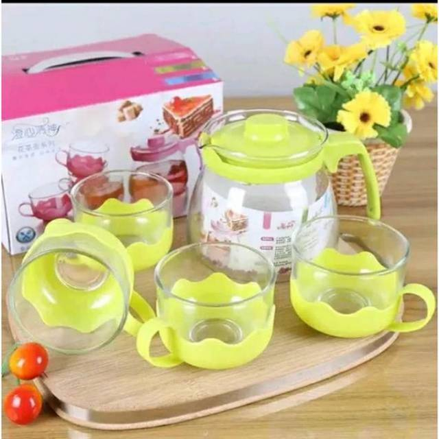 [TEAPOT 5IN1] TEKO SET Tempat Minum Teh Teko Set Cangkir Gelas Kaca Teapot Kado