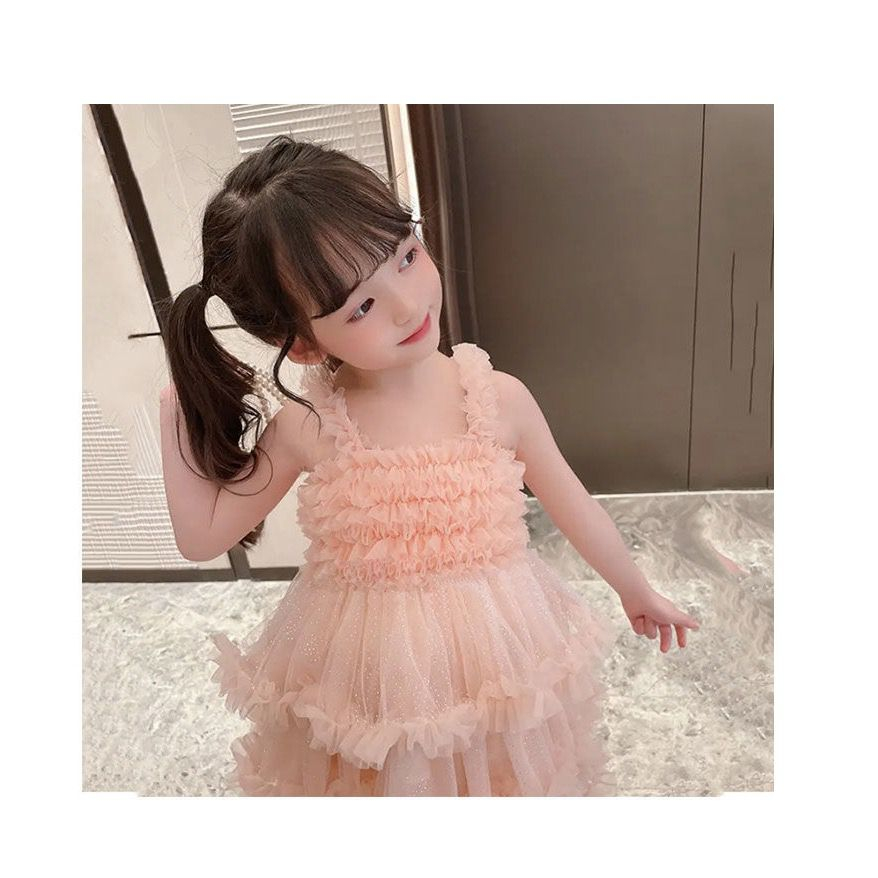 Dress Anak Perempuan Korean Style Tanpa Lengan Triple Layer Rumbai Pink