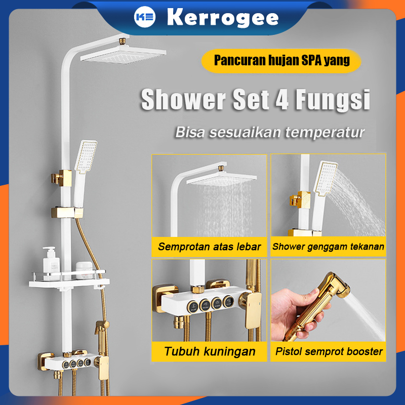 ⚡Ready&amp;Garansi 3 tahun⚡KERROGEEShower Kamar Mandi  4 Dalam 1/Keran Shower Panas Dingin Dengan Faucet/Full Set Kuningan Persegi Putih Gold KY