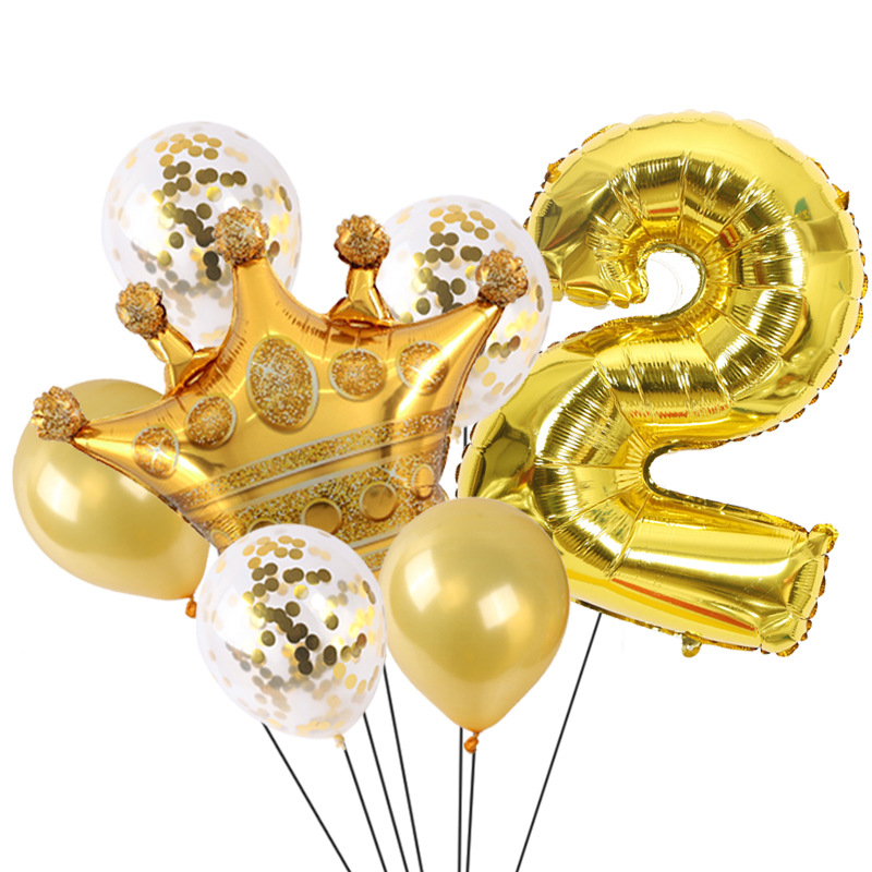 Balon Set 7pc Happy Birthday Number Ultah Ulang Tahun Angka Crown Gold