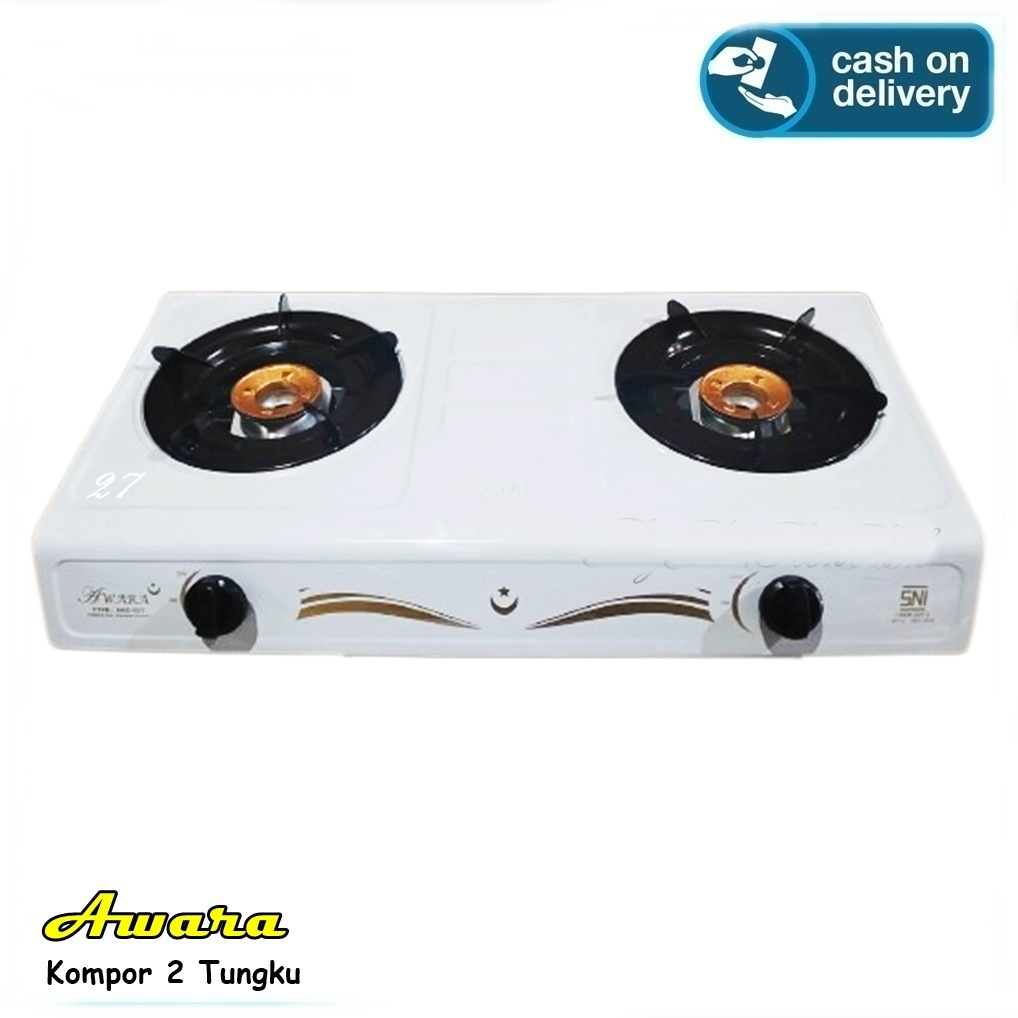 Kompor Gas 2 Tungku Awara Warna Putih SNI - Mayo /-HACHI Sudah + selang&amp;regulator premium mantap