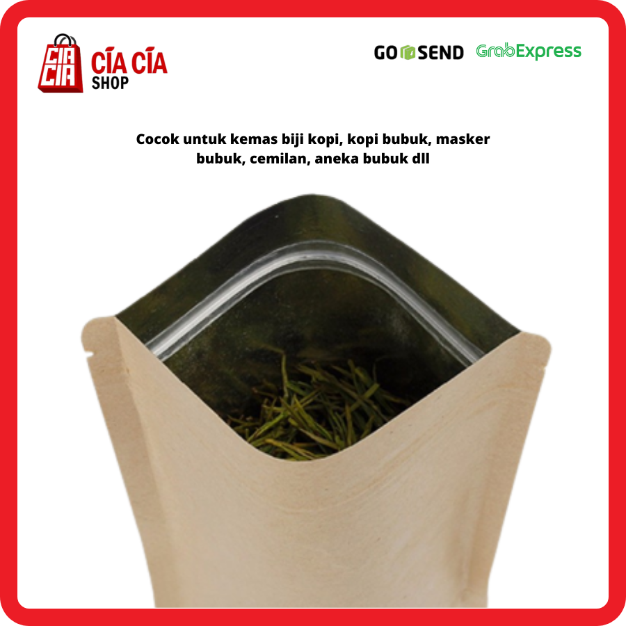 Kemasan Standing Pouch Zipper Alu Eco Kraft Fd.Grd Kedap Cahaya 18x29