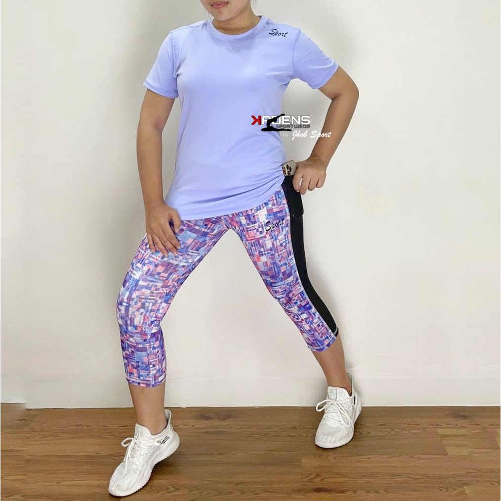 KADENS Setelan Olahraga Pendek Wanita JUMBO / Set Baju Olahraga Lengan Pendek / Celana Legging Motif
