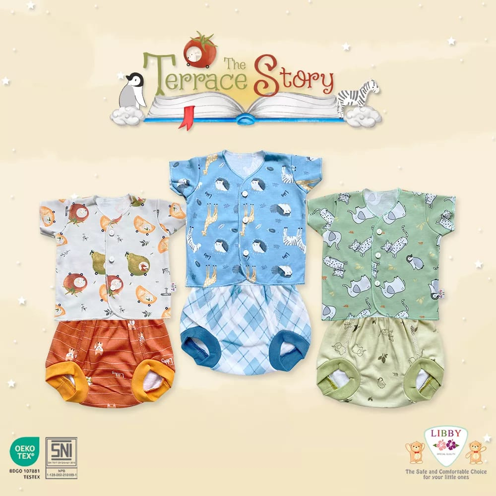 LIBBY Baju/ Setelan Baju Pendek Kancing Depan Libby 0-3M 3-6M SML