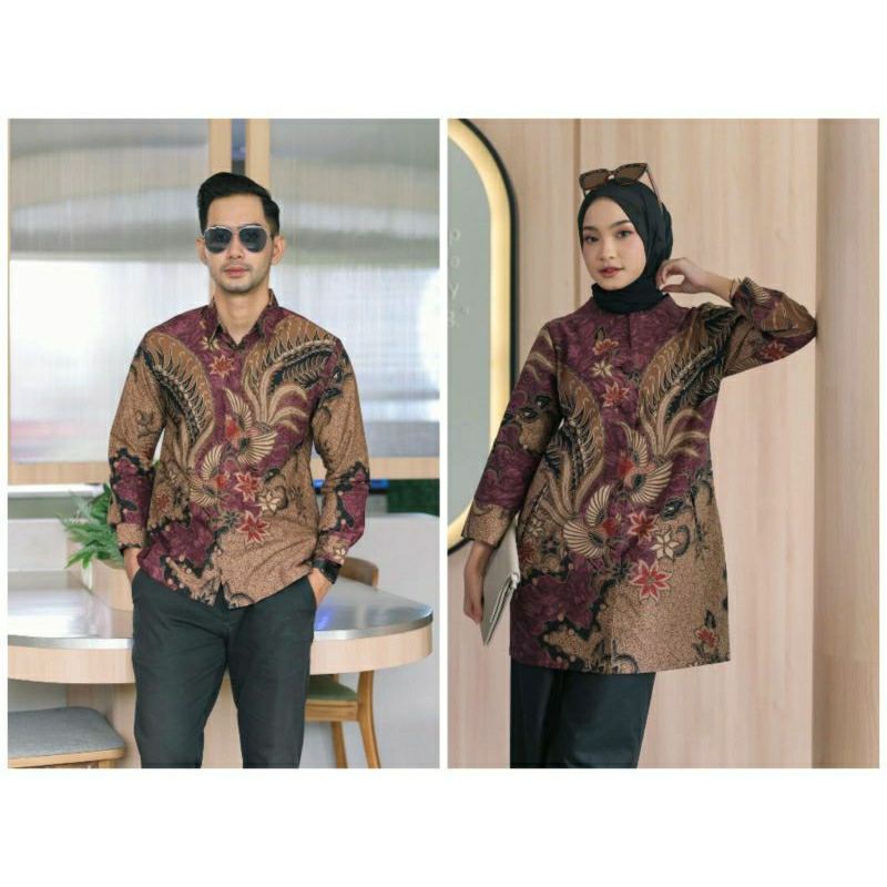 Batik couple sarimbit pria &amp; wanita batik katun lapis furing size reguler mocha ungu