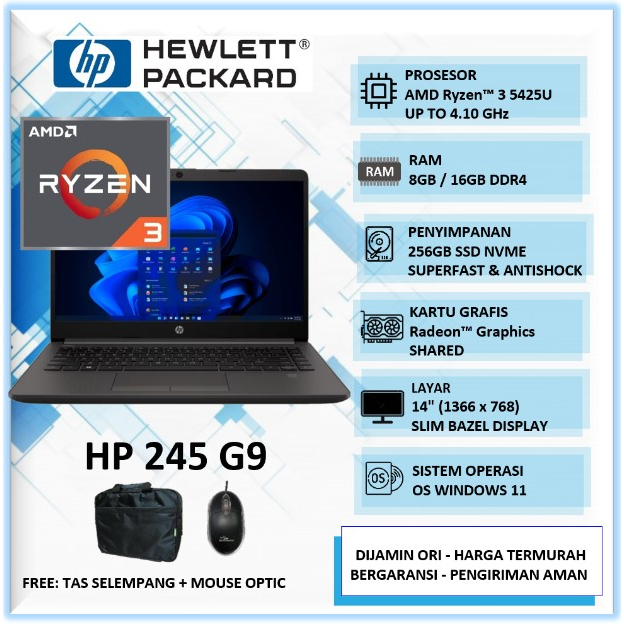 Laptop Gaming Murah HP 245 G9 Ryzen 3 5425U Ram 16GB SSD 256GB 14" Windows 11 Home