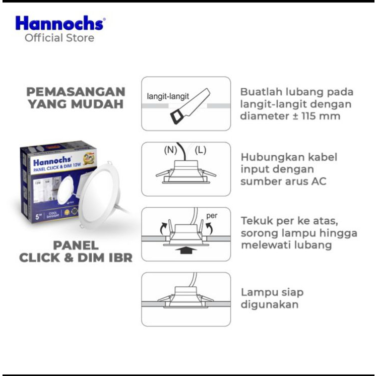 Lampu Downlight LED Hannochs Panel 12W CLICK &amp; DIM BULAT IB PUTIH