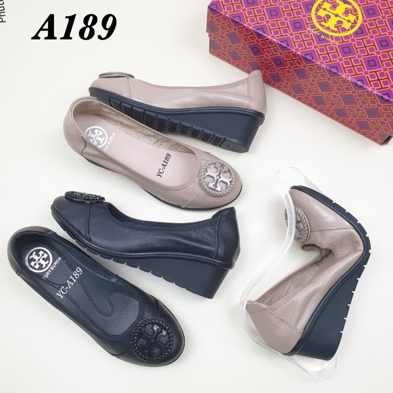 TERMURAH Sepatu TORY BURCH YC-A189 Leather Logo Wedge 5cm / Wedges Kulit / Leather shoes women / Sep
