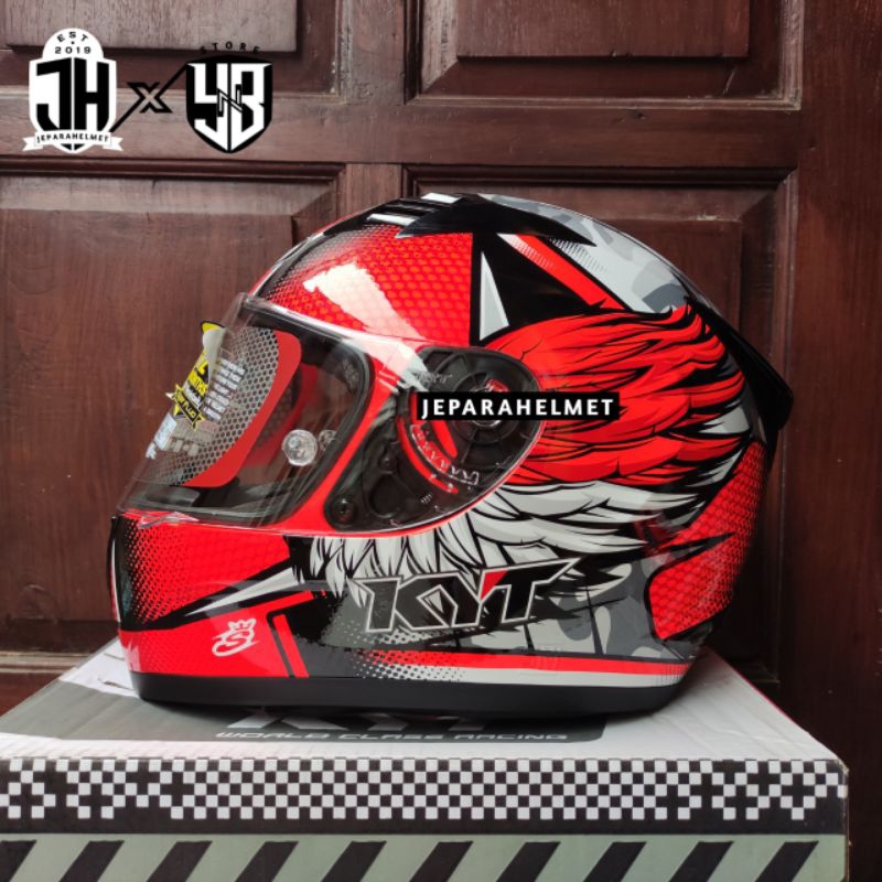 Helm Full Face KYT R10 Motif Seri 02 Race Edition Andi Gilang Red Fluo Glossy Flat Visor Clear Origi