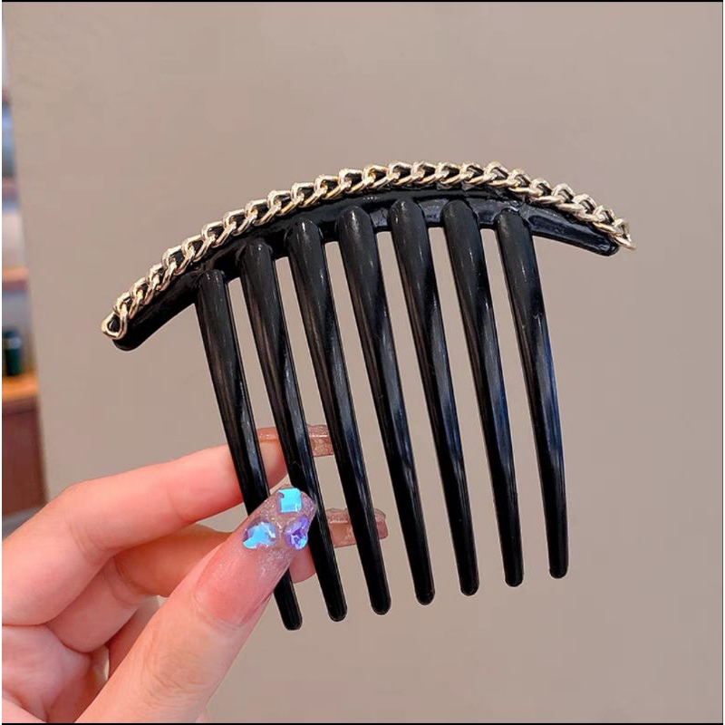 Sirkam Sanggul Ukuran 10.3cm Impor Dengan Balutan Aksesoris Mutiara Warna Hitam 7 Taring Perarl Hair Comb