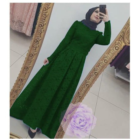 Nara Gamis Maxi Warna Hijau Tua Botol Brukat Tulang Corneli Fit to S-L Non Gliter Lapis Furing Real 
