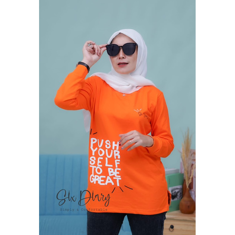 Six Diary Kaos Atasan Wanita Lengan Panjang Kekinian Motif Oren Great Terlaris