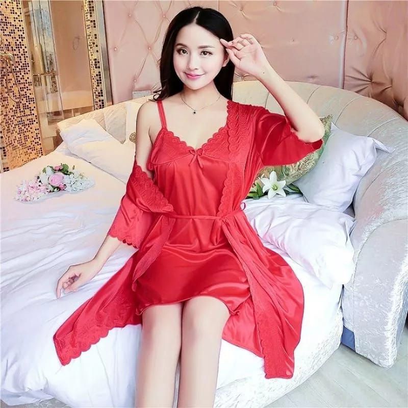 BAJU TIDUR KIMONO LINGERIE 2IN1 SATIN TRICOT IMPORT