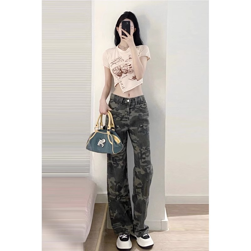 Celana Jeans Wanita Kamuflase Highwaist Straight Loose Jeans Camouflage