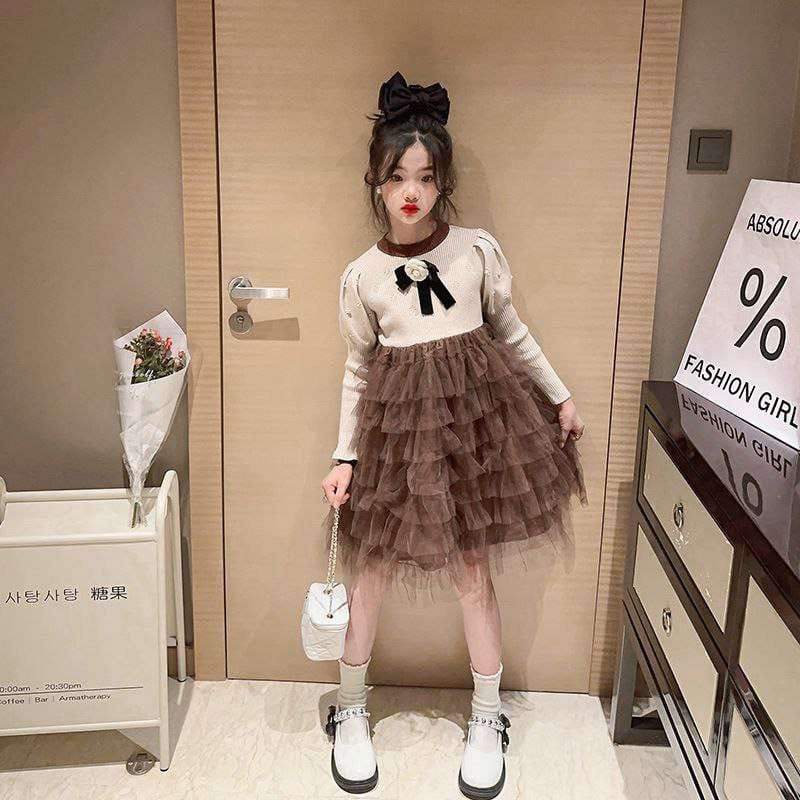 Dress Tutu Anak Perempuan Knitted Flower Coffee