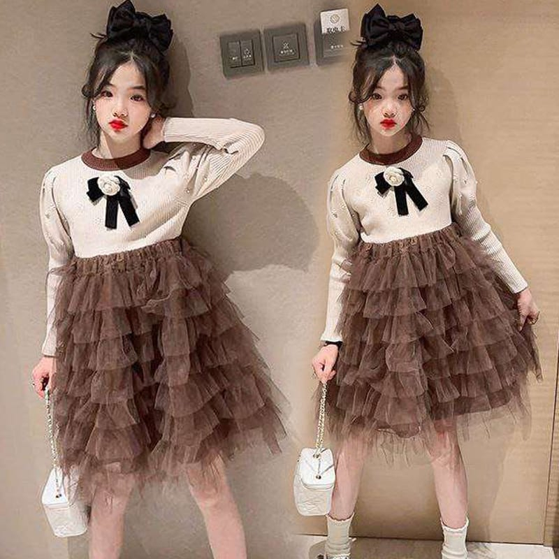 Dress Tutu Anak Perempuan Knitted Flower Coffee