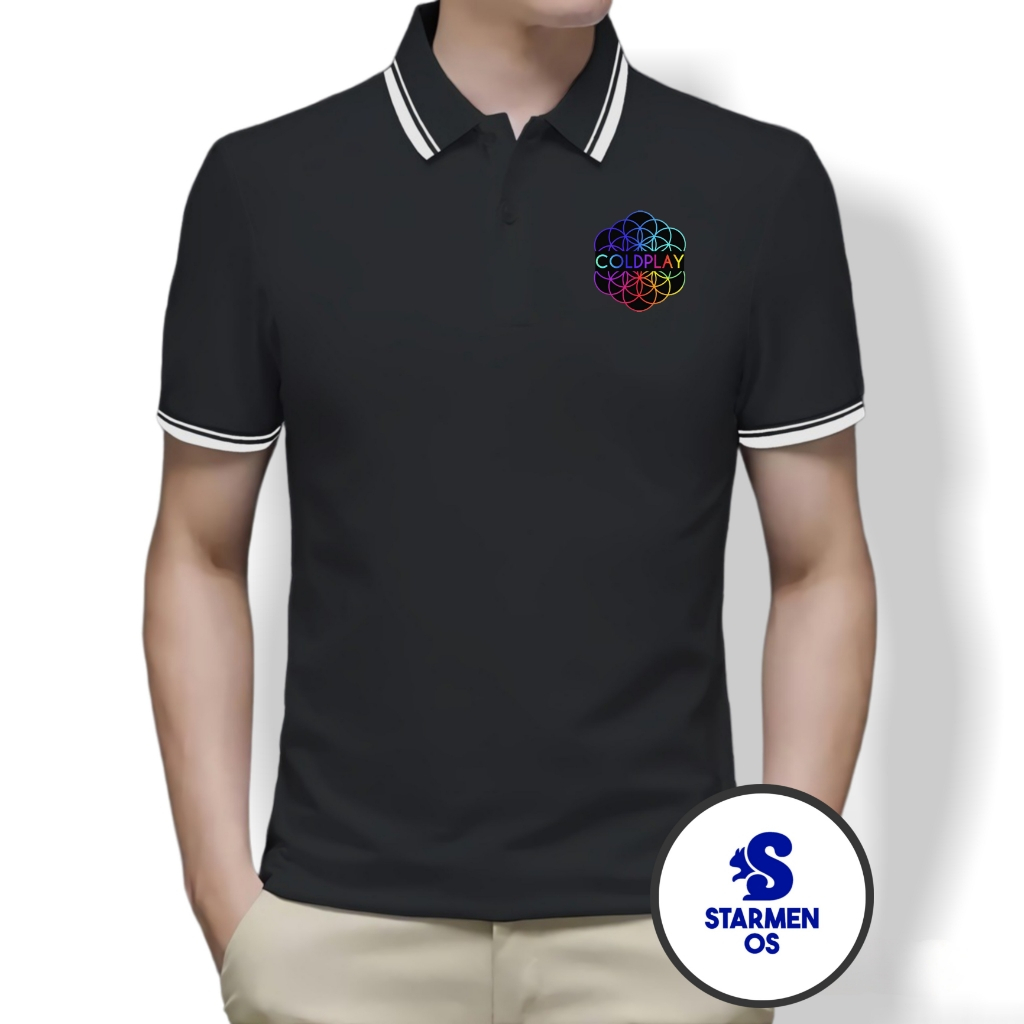 Kaos Polo Shirt Pria Kerah List Putih Logo COLDPLAY A