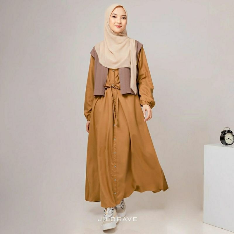 MAHILA BASIC DRESS JILBRAVE | Gamis Casual Semiformal model Outer Crinkle dijahit Menyatu