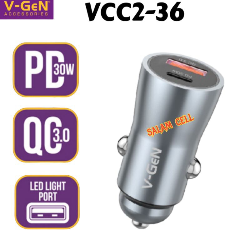 Charger Mobil V-Gen VCC2-36 Fast Car Charger USB 2 PORT PD 30W QC3.0 LED LIGHT PORT