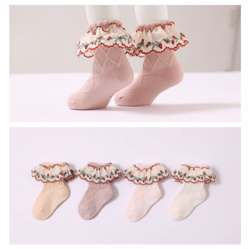 Kaos Kaki Import Anak Perempuan Model Lace Tipis Red/Green Leaves