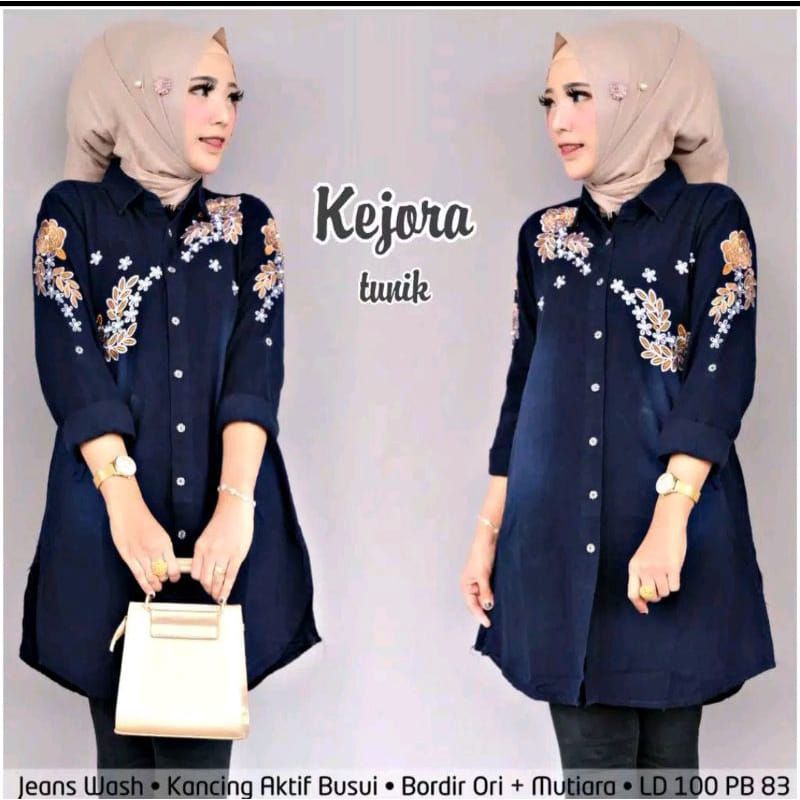 Kejora Tunik Jeans Bordir Terbaru/Baju Atasan Wanita Jeans Lengan Panjang Tunik Levis Kekinian