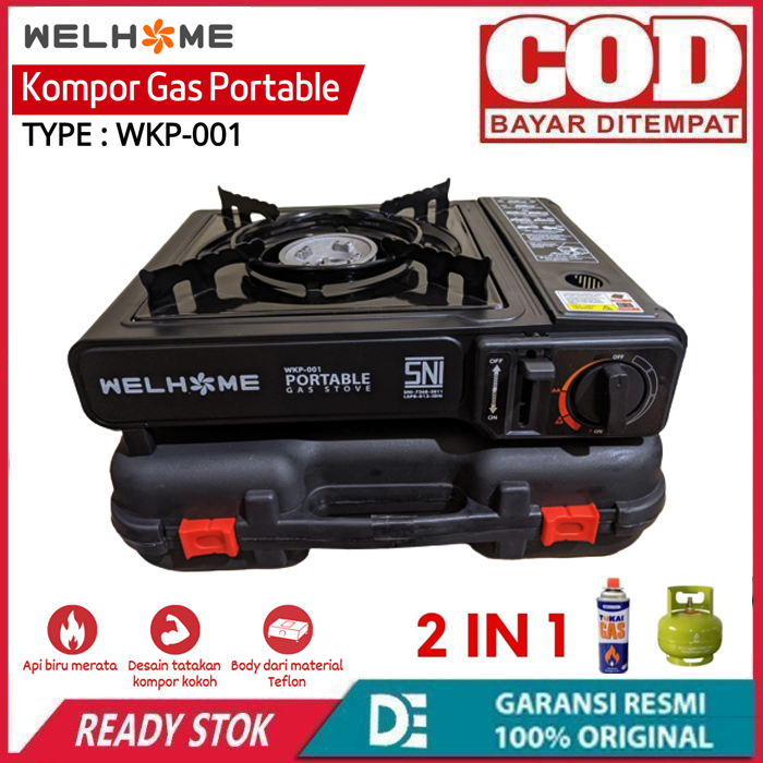 Welhome WKP-001 Kompor Gas Portable Camping 2 Fungsi Bisa Gas Kaleng &amp; Gas LPG 3kg Kompor Gas Portable Serbaguna