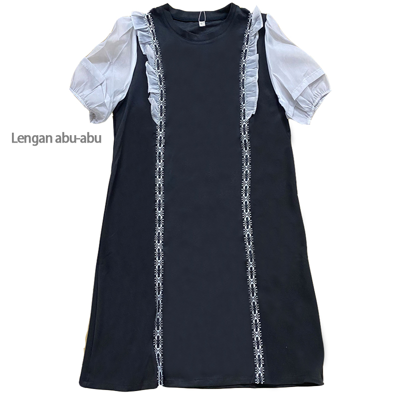 yikoo-Midi dress korea gaun temperamen jaring tambal sulam wanita dres