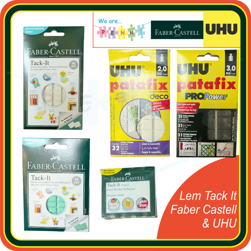 

Faber Castell & UHU Lem Tack It berbagai Warna & Ukuran Adhesive Perekat bisa di Pake Berulang kali