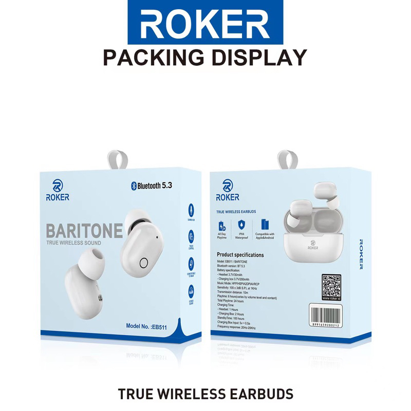 Handsfree Headset Bluetooth Roker TWS BARITONE EB511 5.1 Handset Handsfree Roker BARITONE  EB511 Earphone Bluetooth Roker BARITONE EB511 5.1 TWS Earbuds Original