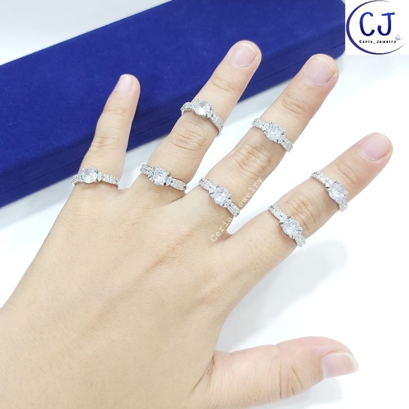 Cincin Perak Asli Silver Wanita 925 Lapis Emas Putih Model Desi Variasi Permata 4Baris Model Diamond - Perhiasan Perak Asli