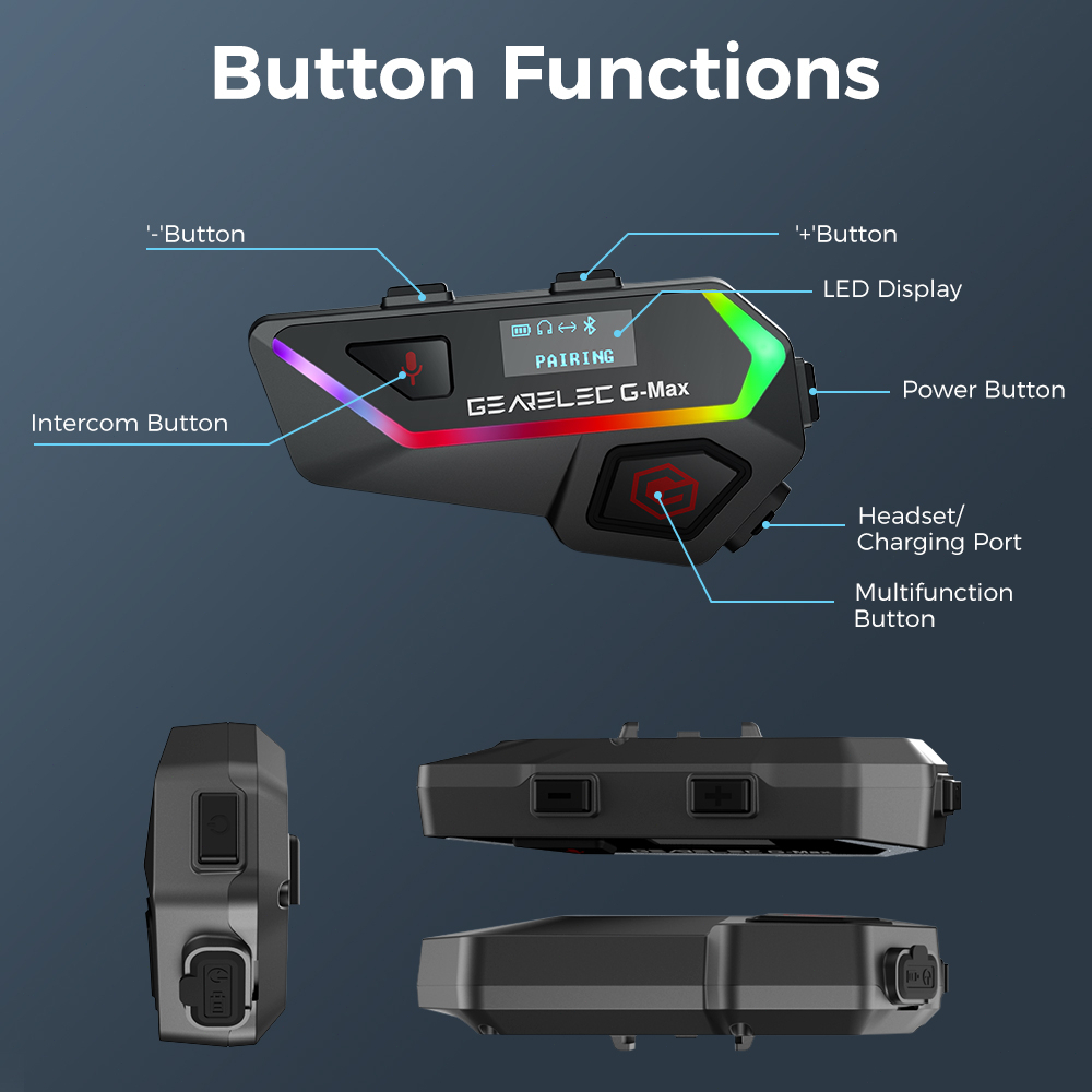 GEARELEC G-Max Helm Sepeda Motor Headset Interkom Bluetooth 2000m 6 Pengendara BT 5.2 Sistem Komunikasi Nirkabel Interfon dengan Lampu Layar Pintar Music Sharing Radio FM