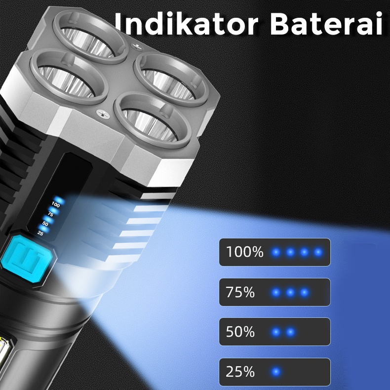 Senter 4 LED Super Terang Rechargeable + COB Senter Led Jarak Jauh + COB