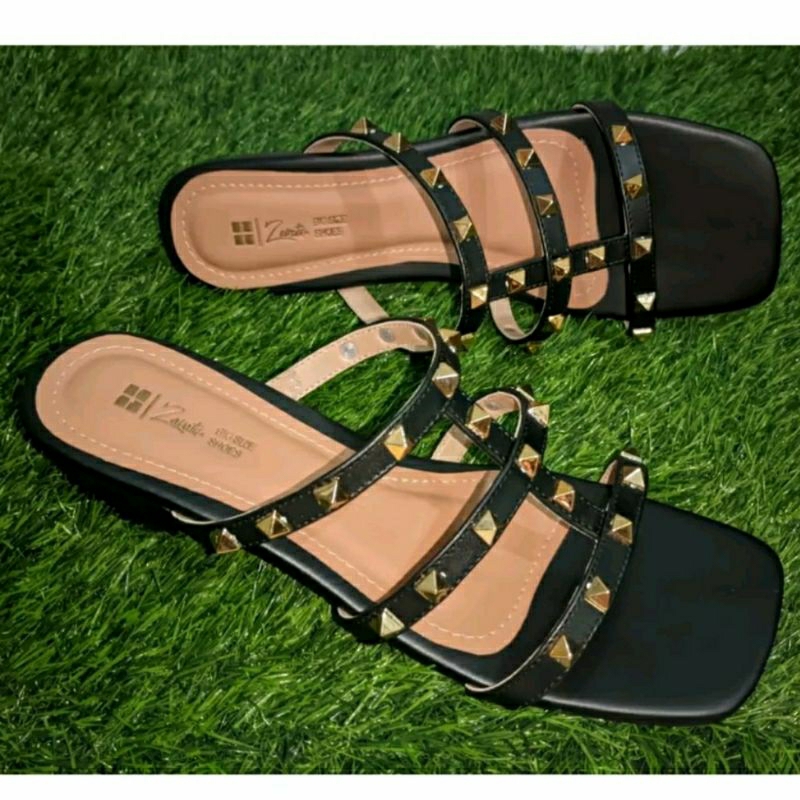 BIG SiZE Woman 41-42-43-44-45 Sandal Slop Wanita VLTN-427 Black Casual Pesta Size JUMBO Sandal Heels Cantik