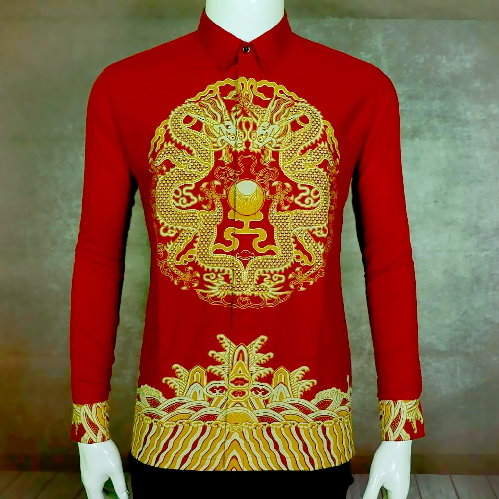 Kemeja Batik SOLO Slimfit (PO) motif naga bulat warna merah cabai