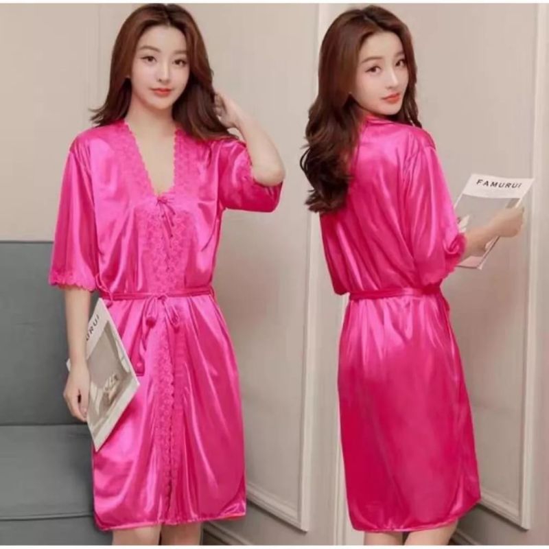 BAJU TIDUR KIMONO LINGERIE 2IN1 SATIN TRICOT IMPORT