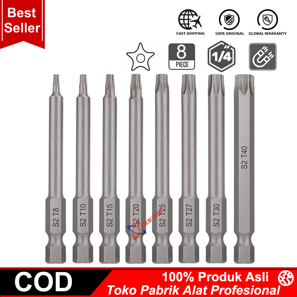 8 Buah 50Mm 1/4 Batang Hex, Mata Obeng Torx Magnetik Lima Titik T10-T40