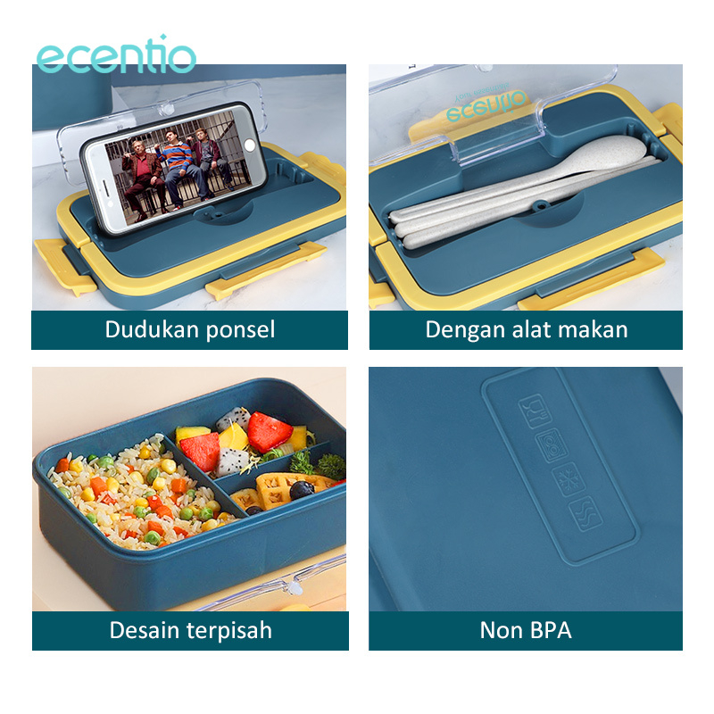 ecentio Lunch Box stailes 3 sekat anti tumpah tempat penyimpan bekal keman kotak makan FREE SENDOK