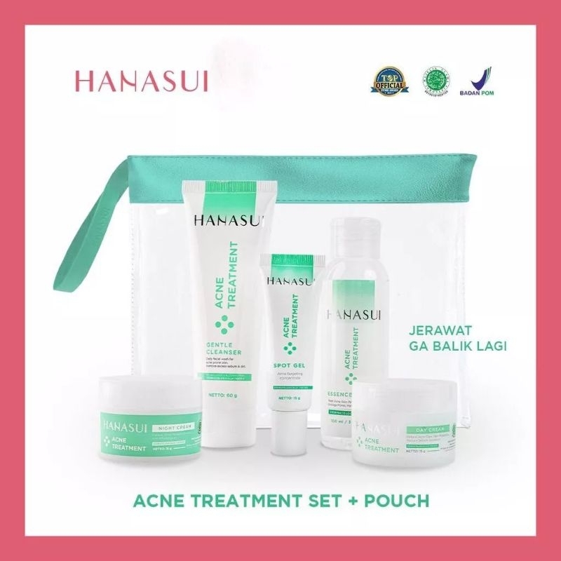 [Hijau 5 in 1] Hanasui Acne Treatment Paket 5 in 1 Free Pouch (Day Cream | Night Cream | Toner Essence | Gentle Cleanser | Spot Gel)