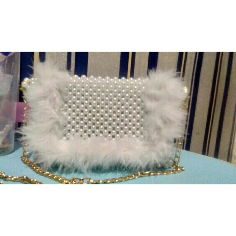Promo tas bulu mutiara putih/tas selempang/tas hp/pearl beaded bag/tas manik/tas mote