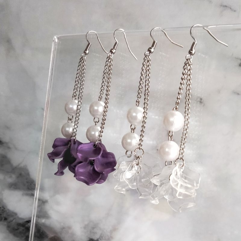 Anting Fashion Akrilik Kriting Kecil Rantai Silver Mutiara | Earring Korean