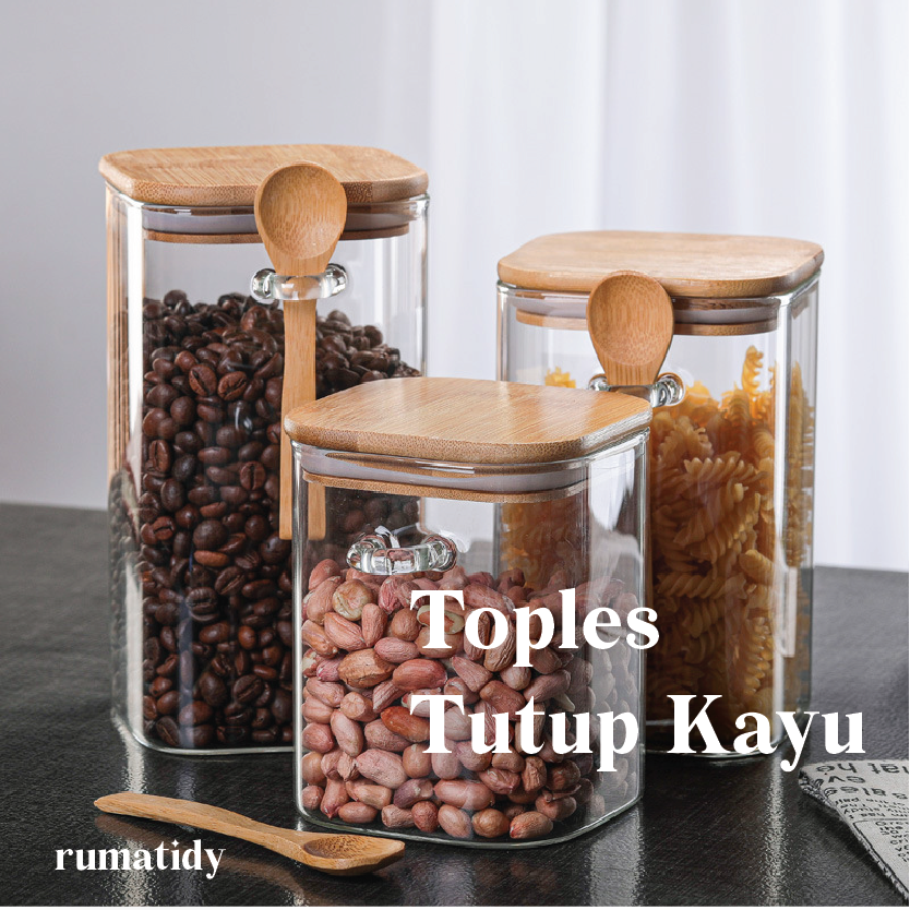 (SATUAN) Toples Kaca FREE Sendok Kayu dengan Tutup Kayu Kedap Udara Toples Makanan Tempat Penyimpanan Cereal Toples Kotak Bening Kontainer Makanan