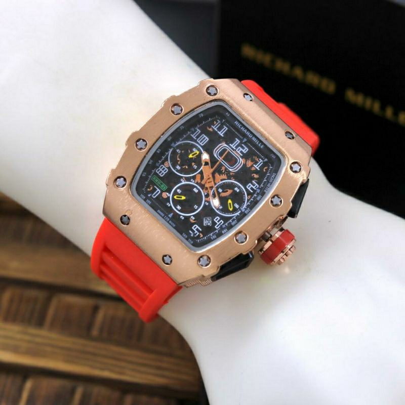 Jam Tangan Pria RM Crono Aktif Super Mewah Dan Elegan Body Rosse Gold Tali Rubber Warna Merah