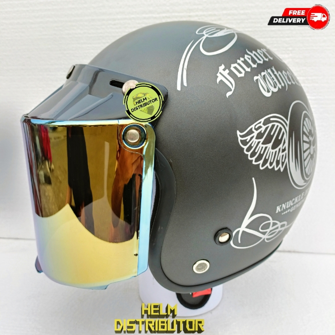 HELM BOGO DEWASA FULL LEHER MOTIF TWO WILLS KACA DATAR &amp; KACA CEMBUNG HITAM,BENING,BLUE,GOLD