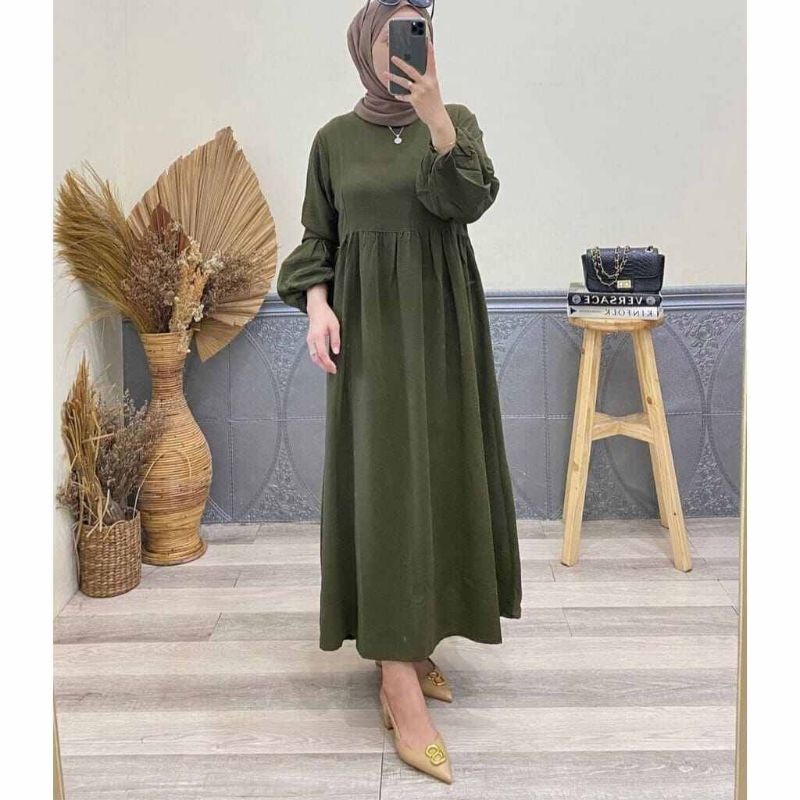 Midi Dress Anya crinkle airflow tangan balon polos