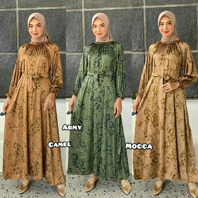 DRESS GAMIS PREMIUM ARMANI SILK FASHION BAJU BUSANA MUSLIM WANITA BUSUI BAHAN SATIN MOTIF WARNA HIJA